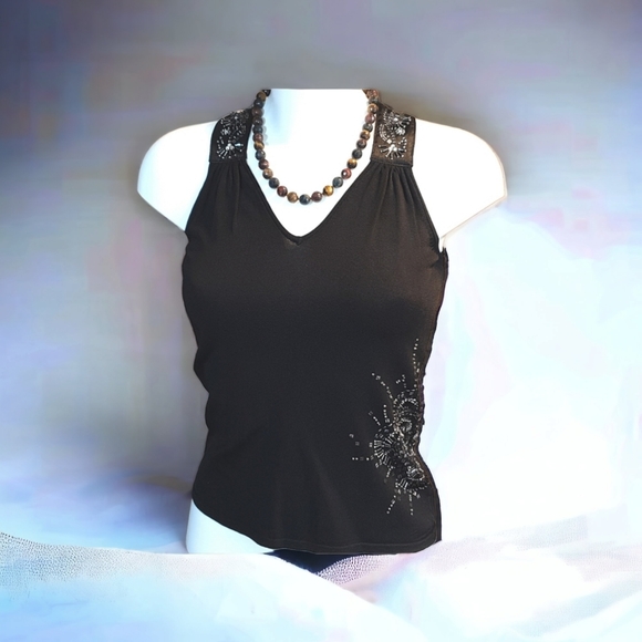 next Denim - Classy black summer knit top size 10, all buttons seams and beads/sequins in VGC